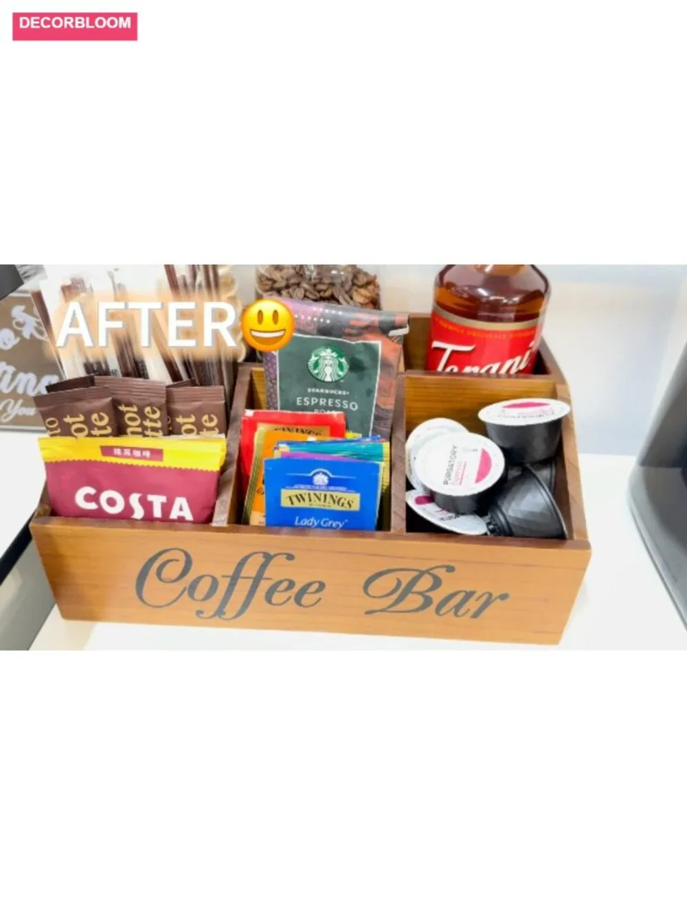 Coffee Station Organizer, Wood Countertop Storage Basket for Pods & Cups